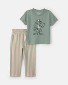 Tout-petit gar&ccedil;on - Ensemble 2 pi&egrave;ces haut manches courtes &agrave; motif de planche &agrave; roulettes et pantalon - Vert/Cr&egrave;me, image 1 sur 2 diapositives