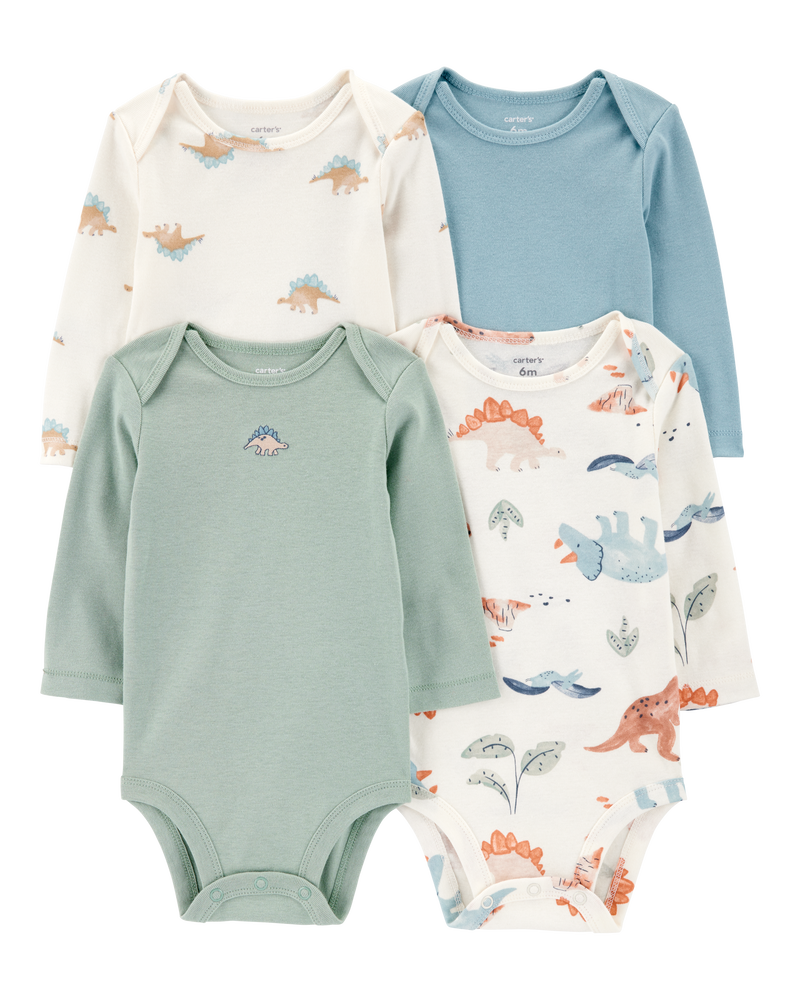 Baby Boy 4-Pack Long-Sleeve Dinosaur Bodysuits, image 1 of 6 slides