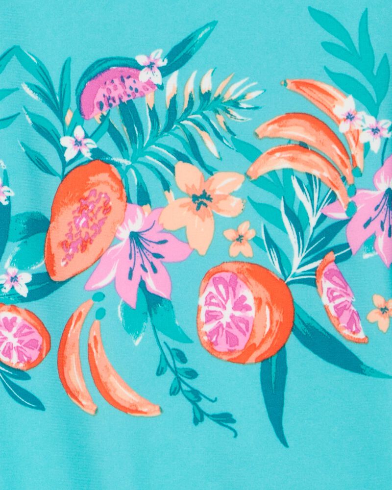 Kid 1-Piece Floral Print Rashguard Swimsuit-Turquoise, image 3 of 4 slides