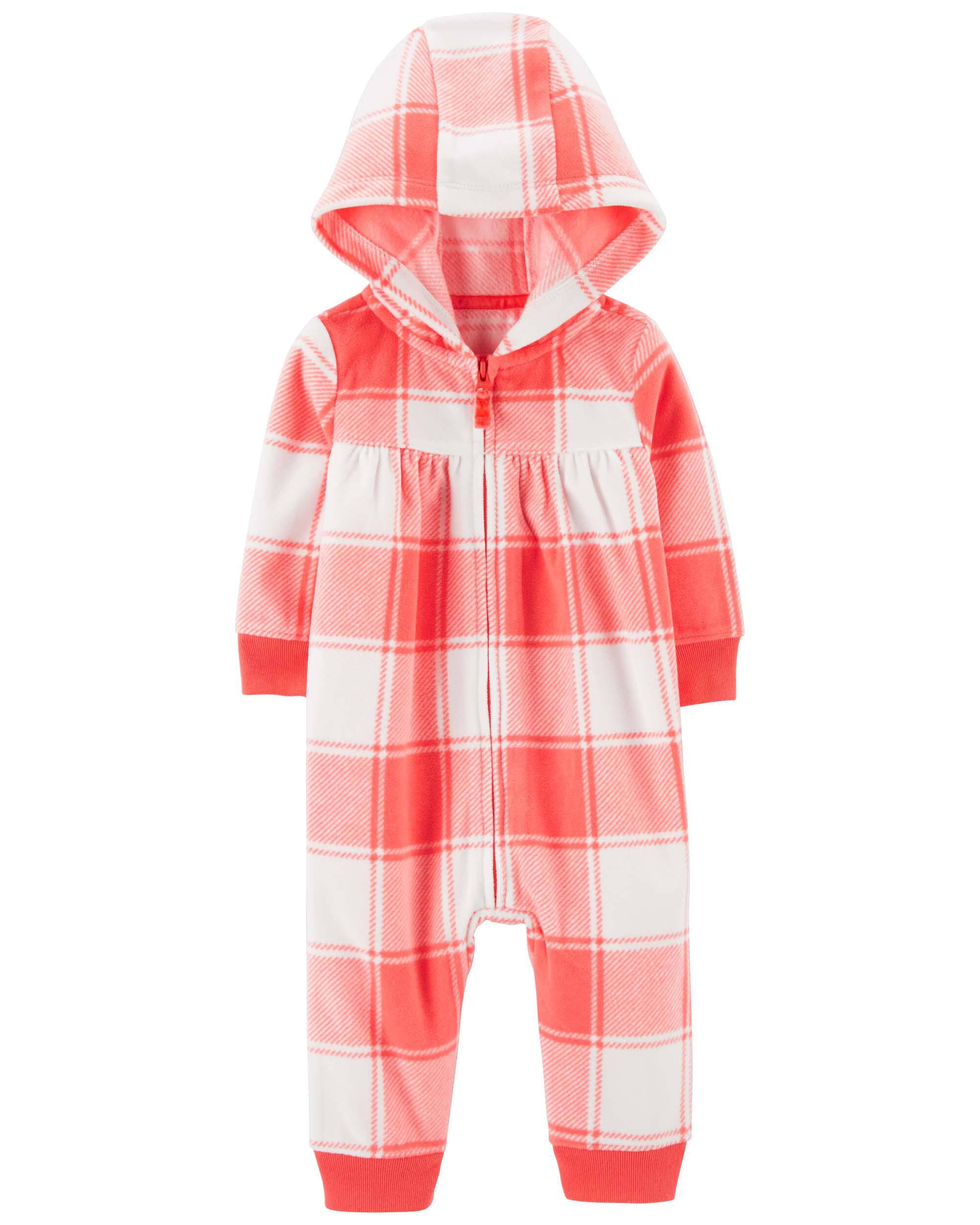 Pink White Plaid Hooded Zip Up Fleece Jumpsuit Carter s Oshkosh
