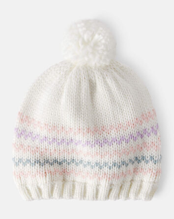 Girls Striped Pom Winter Hat - White, 