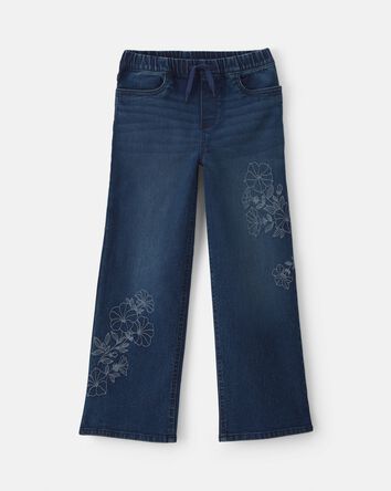 Filles - Jeans en denim &agrave; jambe large &agrave; motif floral - D&eacute;lav&eacute; fonc&eacute;, 