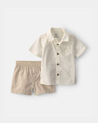 B&eacute;b&eacute; gar&ccedil;on - Ensemble 2 pi&egrave;ces chemise boutonn&eacute;e boutonn&eacute;e et short en chambray - Ivoire/Brun, image 1 sur 3 diapositives