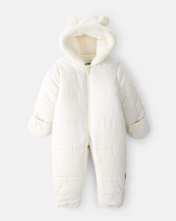Baby 1-Piece Bear Ears Hooded Pram Snowsuit - Cream, 