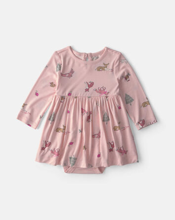 Baby Girl Woodland PurelySoft&trade; Long-Sleeve Bodysuit Dress - Pink, 