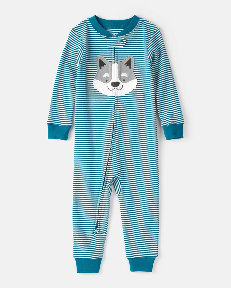 Baby Boy Dog Striped 100% Cotton Snug Fit 2-Way Zip 1-Piece Pyjamas - Blue, image 1 of 5 slides
