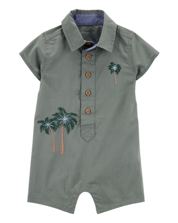 Baby Palm Tree Print Button-Front Romper-Green, 