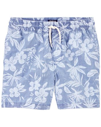 Tropical Print Chambray Drawstring Shorts, 