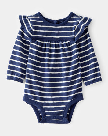 Baby Pointelle Striped Long-Sleeve Bodysuit - Navy, 