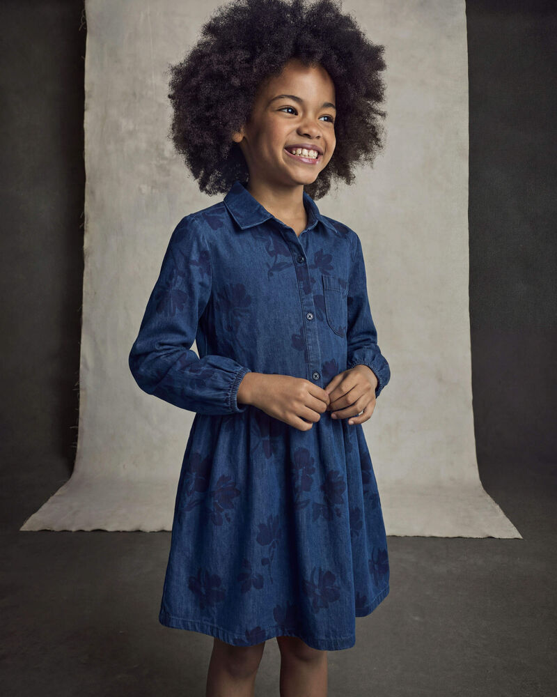 Girls Floral Denim Long-Sleeve Dress - Dark Wash, image 4 of 5 slides