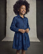 Girls Floral Denim Long-Sleeve Dress - Dark Wash, image 4 of 5 slides