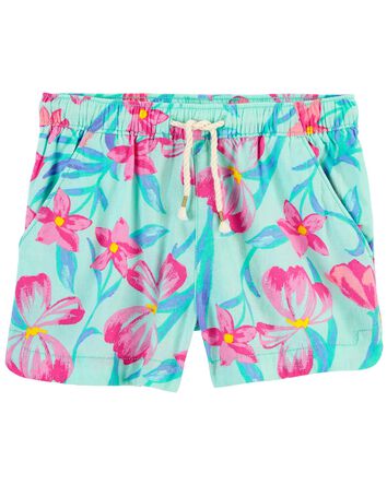 Floral Print Drapey Linen Shorts, 