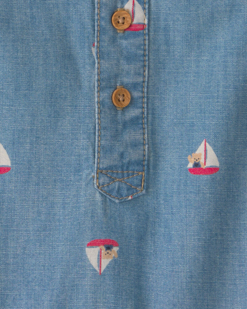 Baby Teddy Bear Sailboat Chambray Romper - Blue, image 2 of 3 slides