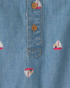 Baby Teddy Bear Sailboat Chambray Romper - Blue, image 2 of 3 slides