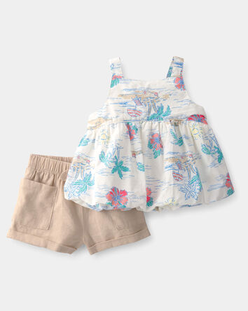 B&eacute;b&eacute; fille - Ensemble 2 pi&egrave;ces haut sans manches et short, palmier tropical &ndash; Brun/Blanc, 