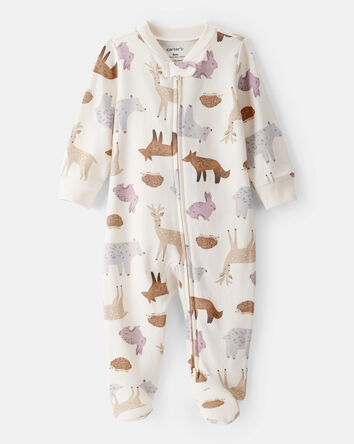 Baby Girl Fox Print 100% Cotton Long-Sleeve Sleeper - Ivory, 
