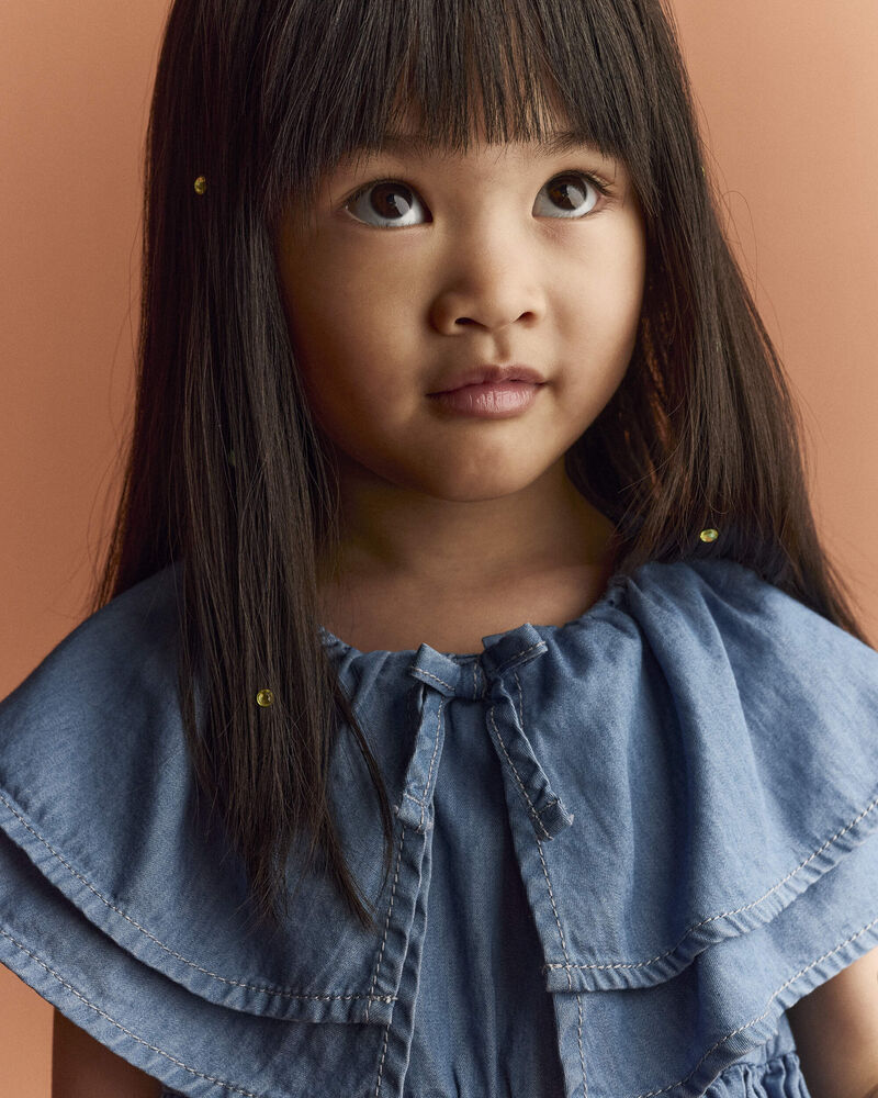 Toddler Girl Ruffle Tiered Dress in Chambray - Blue, image 3 of 6 slides