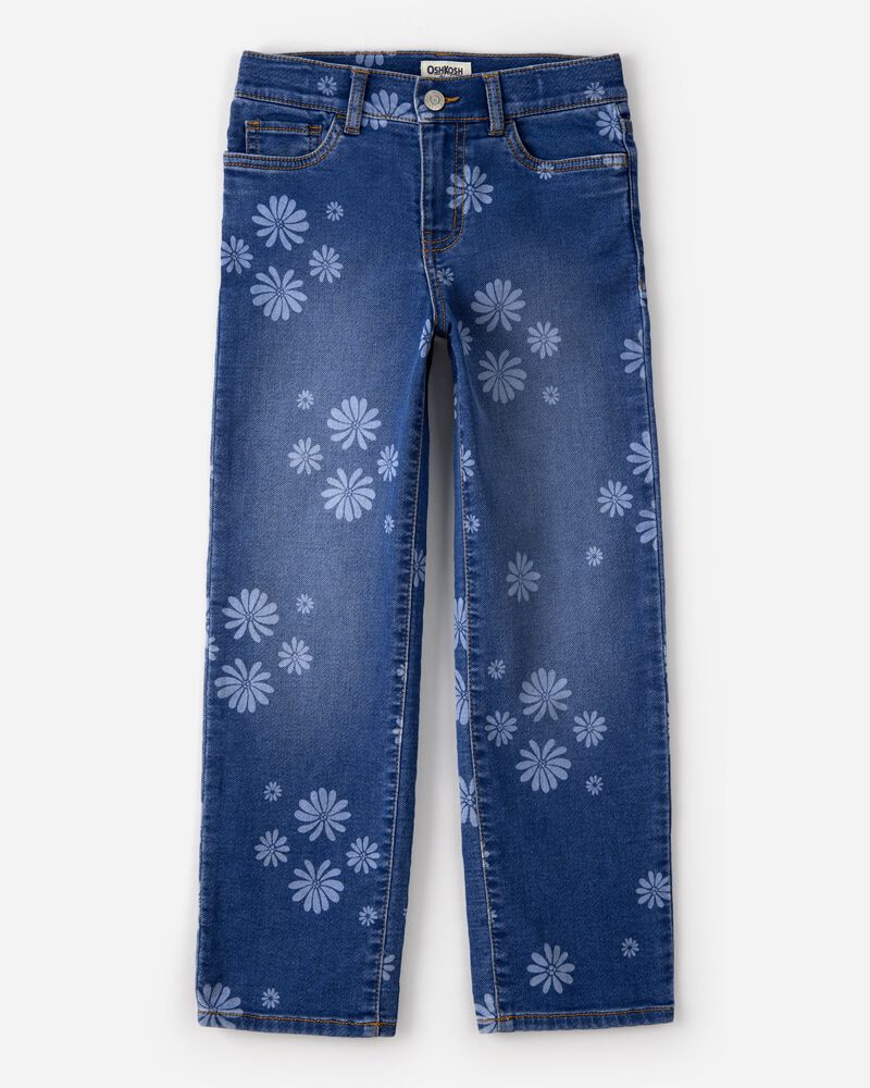 Girls Dark Wash Floral Print Denim Straight-Leg Jeans - Blue, image 1 of 4 slides