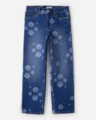 Girls Dark Wash Floral Print Denim Straight-Leg Jeans - Blue, image 1 of 4 slides