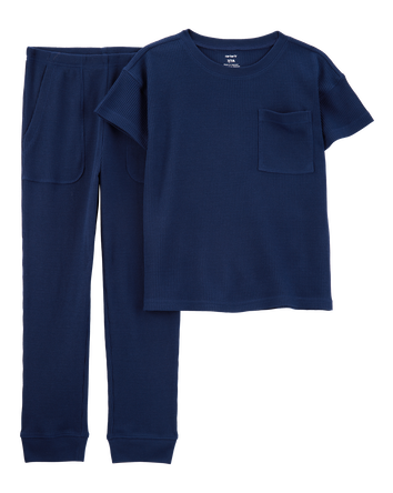 Kid Solid Loose Fit Waffle Knit 2-Piece Pyjamas - Navy, 