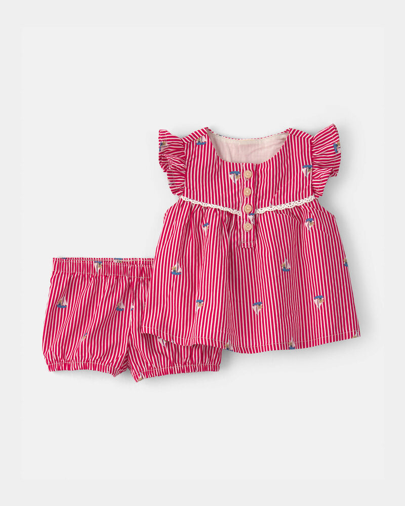 B&eacute;b&eacute; fille - Ensemble 2 pi&egrave;ces haut et short, ourson et voilier - Rouge, image 1 sur 4 diapositives