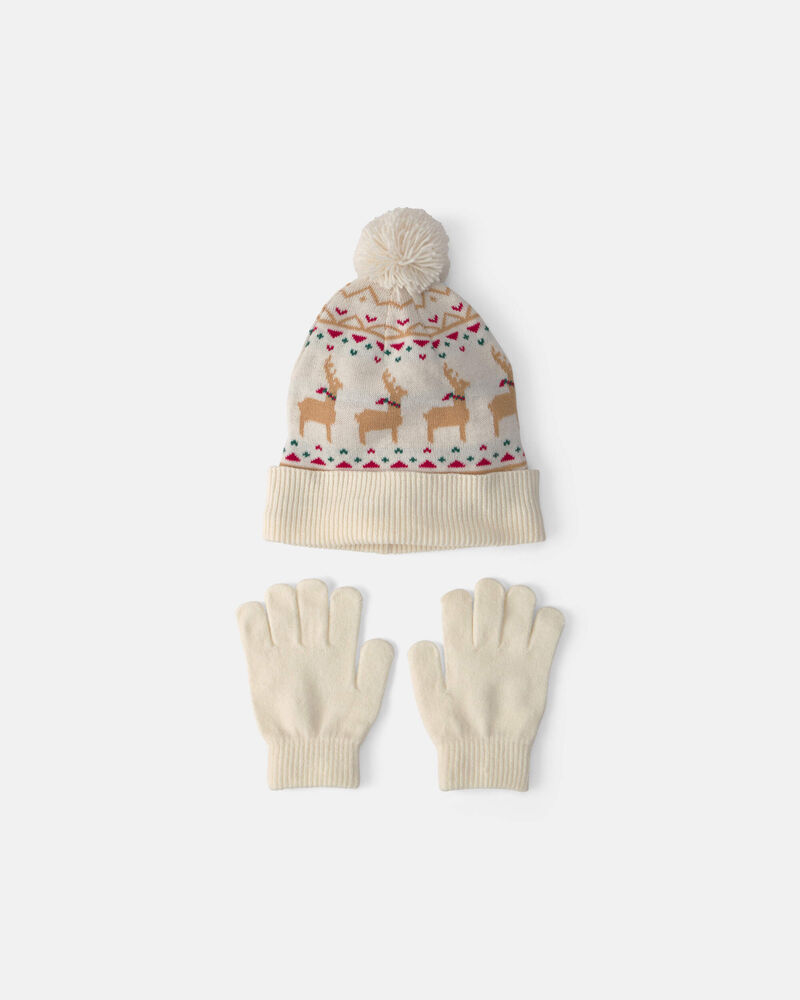 Jeune - Ensemble 2 pi&egrave;ces tuque et mitaines d'hiver jacquard de No&euml;l - Blanc, image 1 sur 2 diapositives