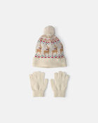 Jeune - Ensemble 2 pi&egrave;ces tuque et mitaines d'hiver jacquard de No&euml;l - Blanc, image 1 sur 2 diapositives