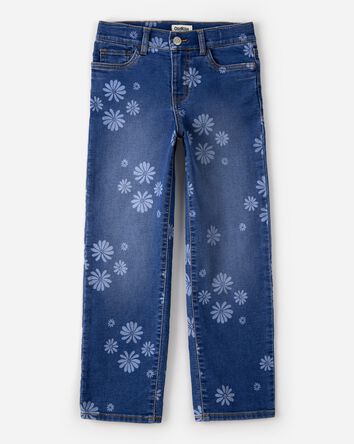 Girls Dark Wash Floral Print Denim Straight-Leg Jeans - Blue, 