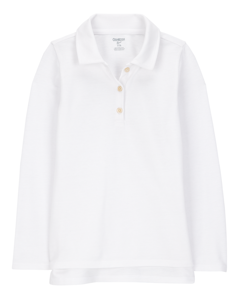 Girls Pique Long-Sleeve Uniform Polo Shirt - White, image 1 of 3 slides