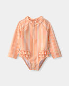 B&eacute;b&eacute; fille - Maillot de bain 1 pi&egrave;ce &agrave; manches longues, rayures - Orange, image 1 sur 4 diapositives