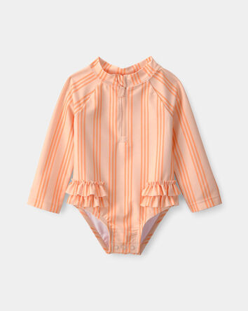 Baby Girl Striped Long-Sleeve 1-Piece Swimsuit - Orange, 