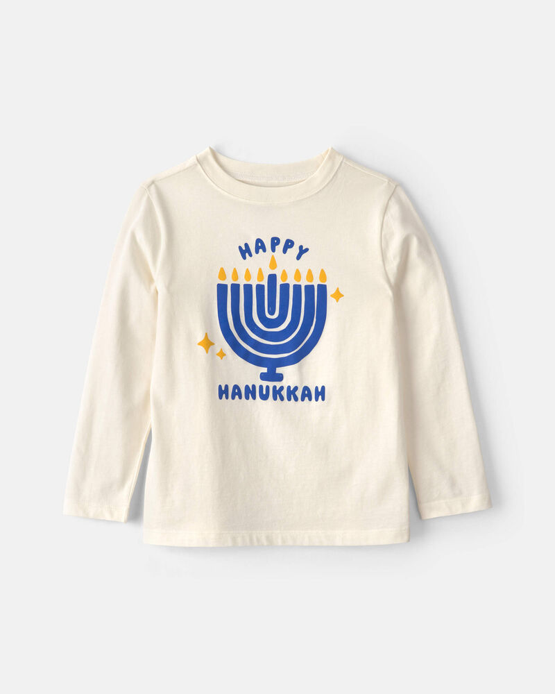 Kids 'Happy Hanukkah' Menorah Long-Sleeve Graphic Tee - Cream, image 1 of 3 slides