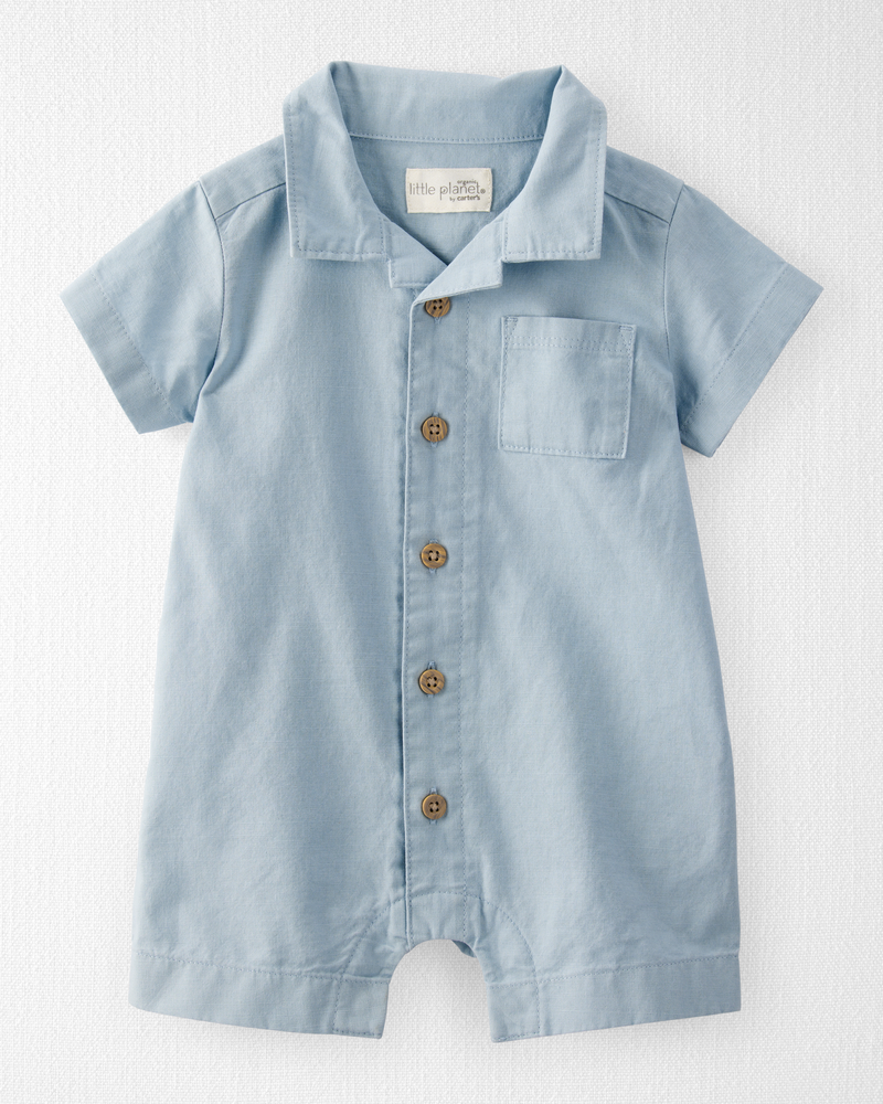 Baby Linen Romper Made with Organic Cotton-Blue, image 1 of 3 slides