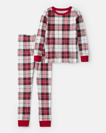 Kid Plaid Print 100% Cotton Long-Sleeve Snug Fit 2-Piece Pajamas - Red/Green, 