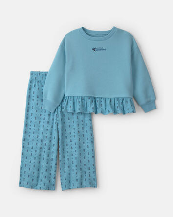 B&eacute;b&eacute; fille - Ensemble 2 pi&egrave;ces en molleton haut manches longues et pantalon &agrave; motif floral - Bleu, 