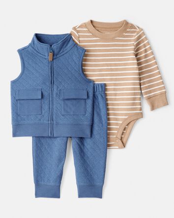 Baby Boy 3-Piece Quilted Vest Outfit Set - Blue/Brown, 