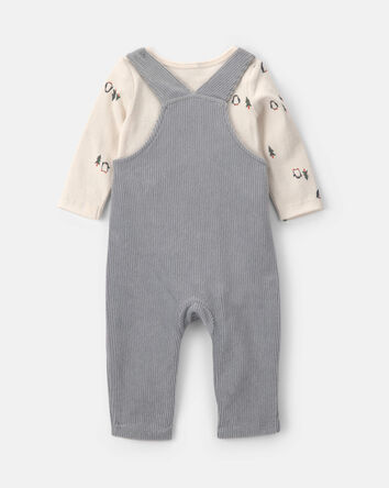 B&eacute;b&eacute; gar&ccedil;on - Ensemble 2 pi&egrave;ces salopette et manches longues &agrave; motif pingouin &ndash; Gris/Cr&egrave;me, 