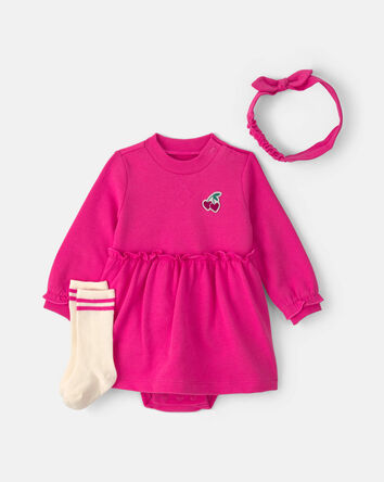 Baby Girl 3-Piece Cherry French Terry Long-Sleeve Dress Set - Pink, 