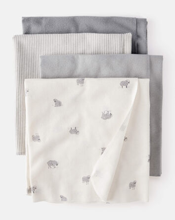 Baby 4-Pack Sheep Print Receiving Blankets - White/Grey, 