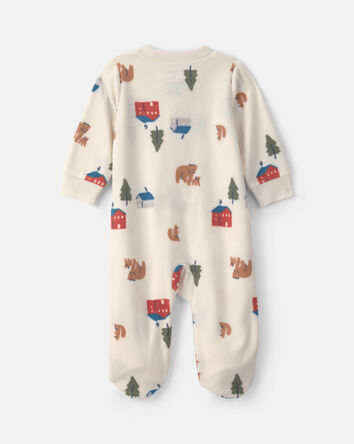 B&eacute;b&eacute; - Grenouill&egrave;re en molleton &agrave; fermeture &agrave; glissi&egrave;re double sens et motif ourson et chalet &ndash; Cr&egrave;me, 