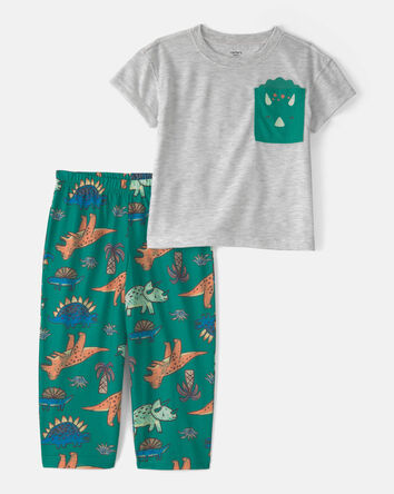Toddler Boy Dinosaur Loose Fit 2-Piece Pyjama Set - Green/Grey, 