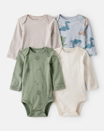Baby Boy 4-Pack Dragon Star Print Cotton Long-Sleeve Multipack Bodysuits - Blue/White/Green, 