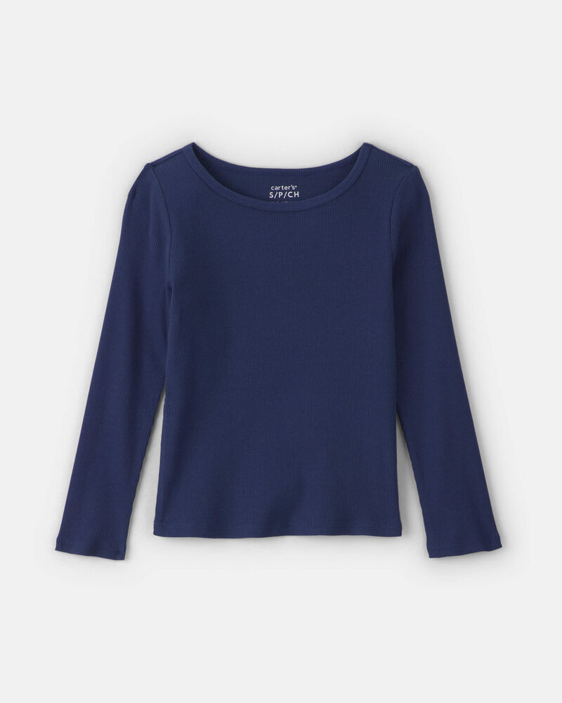 Girls Long-Sleeve Ribbed Top - Navy Blue, image 1 of 3 slides