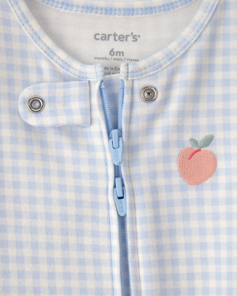 Baby Girl Peach Gingham 2-Way Zip 100% Cotton Sleeper - Blue, image 3 of 6 slides