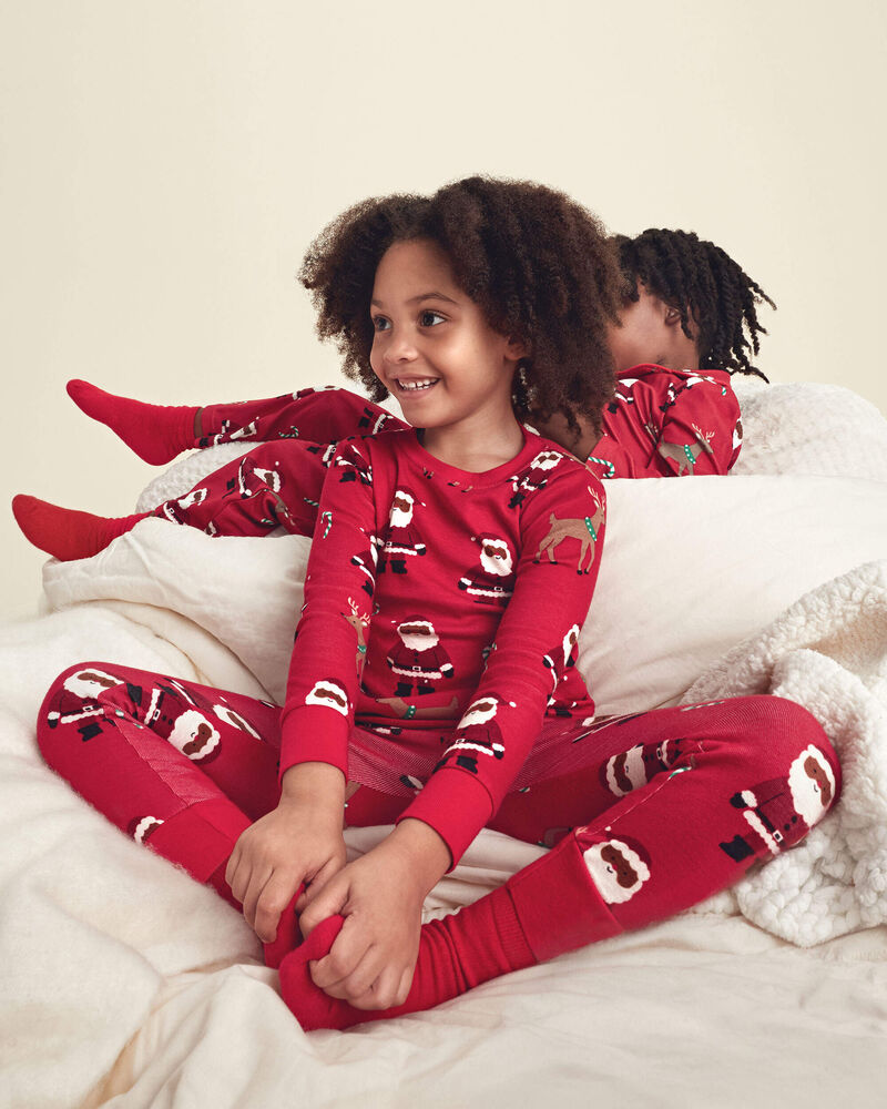 Kids 2-Piece Brown Santa Christmas 100% Cotton Snug Fit Pyjama Set - Red, image 4 of 5 slides