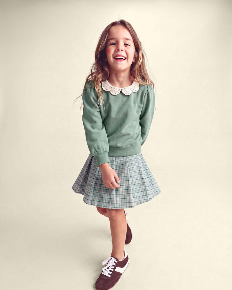 Girls Floral Collar French Terry Pullover Sweatshirt - Green, image 3 of 4 slides