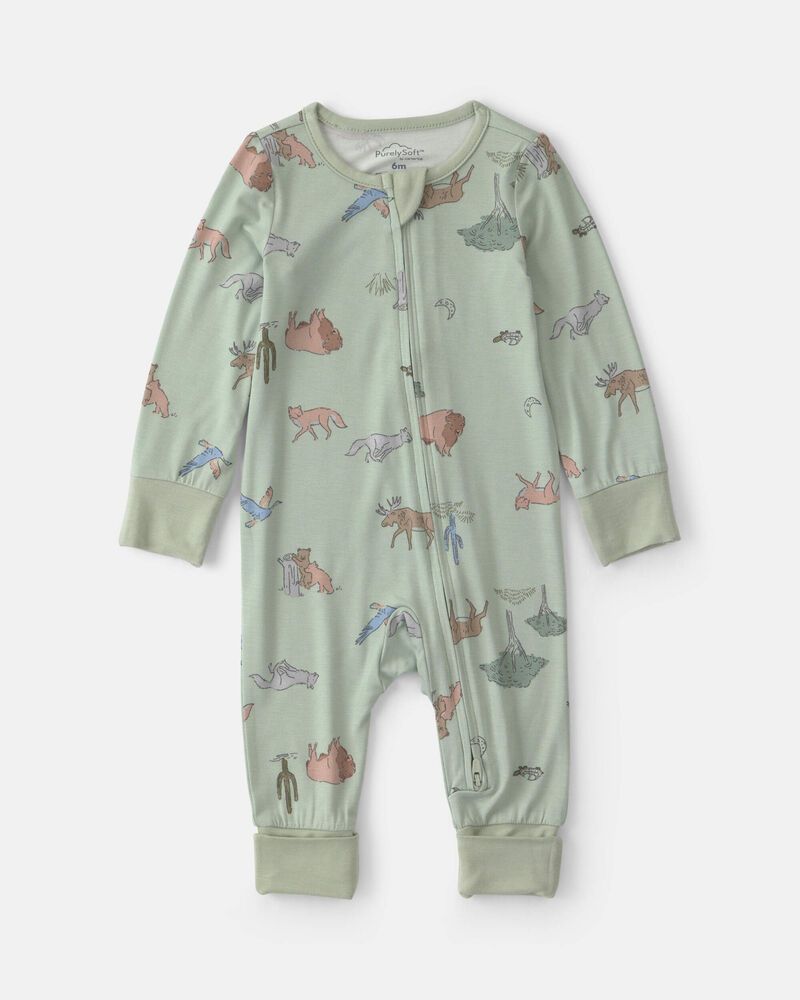 B&eacute;b&eacute; gar&ccedil;on - Grenouill&egrave;re PurelySoft &agrave; fermeture &agrave; glissi&egrave;re double sens &agrave; motif animaux - Vert, image 1 sur 7 diapositives