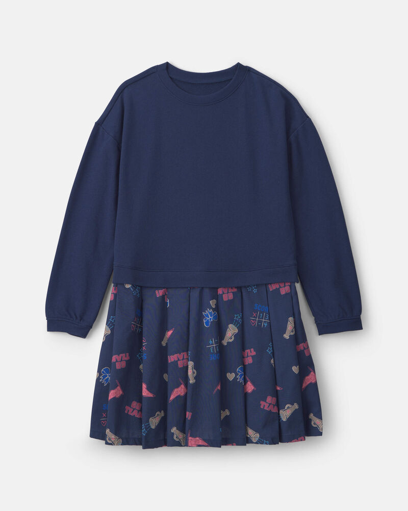 Girls Long Sleeve Cheer Print Dress - Navy, image 1 of 4 slides