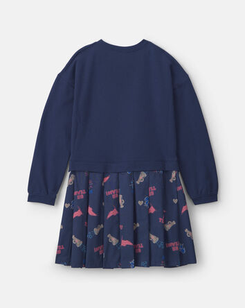 Girls Long Sleeve Cheer Print Dress - Navy, 