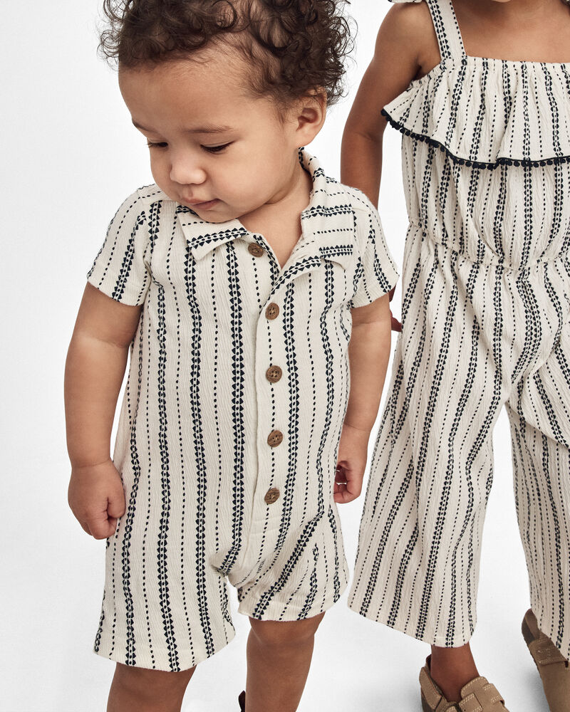 Baby Boy Striped Short-Sleeve Romper - Black/Ivory, image 2 of 5 slides